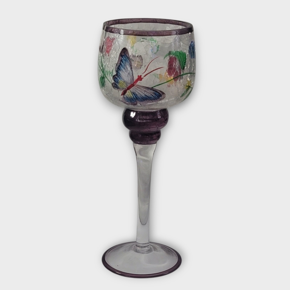 Glass Crackled Butterfly Floral Long Stem Goblet Style Candle Holder